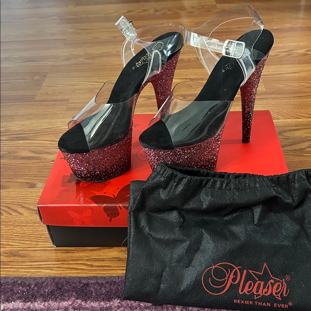 Clear Strap Platform Heels with ombré pink glitter
